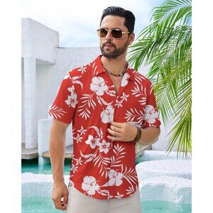 Men Red Hawaiian Wrinkle Free Short Sleeve Button Down Tropical Floral Shirt
